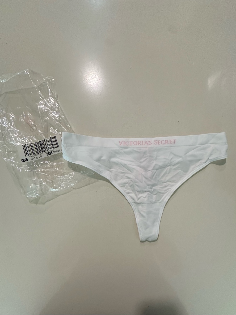 Victoria's Secret White Thong with Pink Logo Waistband